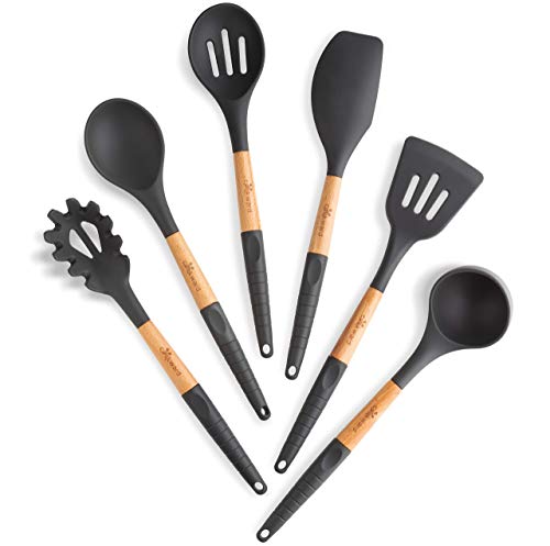 Cookward Kitchen Utensil Set (6 pcs): Silicone & Natural Wood Cooking Tools with Spatula, Slotted Spoon, Mixing & Serving Spoon, Pancake Turner  Eco Friendly & BPA Free, Non Scratch & Non Stick