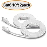 Cat 6 Ethernet Cable 10 ft - Flat Internet Network LAN Patch Cord Short - Faster Than CAT5E/Cat5, Slim Cat6 High Speed Computer wire with Snagless RJ45 Connectors for Router, PS4, Xobx- White (2 Pack)