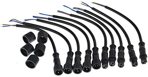 Pxyelec 5PCS Waterproof LED Strip 2 Core 2Pin Male to Female Connector Cable Black (20cm), 19*0.5 mm