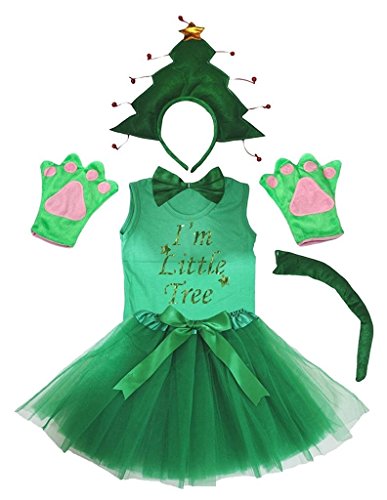 Petitebella 3D Headband Bowtie Tail Gloves Shirt Skirt 6pc Girl Costume (3D Green Xmas Tree, 6-8 Years)