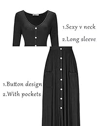 Escoge tu look vestido maxi suelto casual con mangas largas y cuello en V para mujer con bolsillos