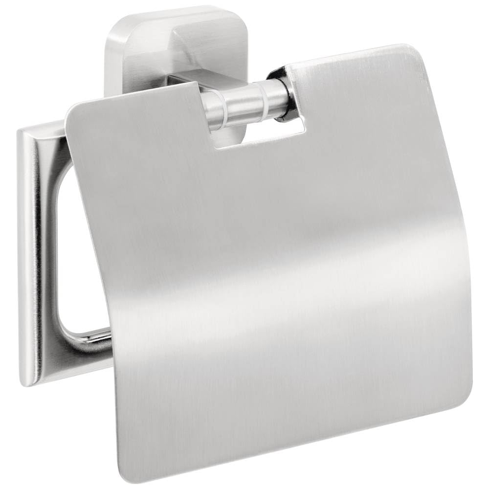 tesa® ESTEETIC Toilet Roll Holder with Lid - Wall-Mounted Toilet Paper Holder with Power.Kit Technology in Stainless-Steel Design - Waterproof, incl. Adhesive Solution - 135mm x 132mm x 48mm