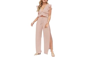 FANCYINN Womens 2 Pieces Outfits Deep V Neck Crop Top Side Slit Drawstring Wide Leg Pants Set Jumpsuits