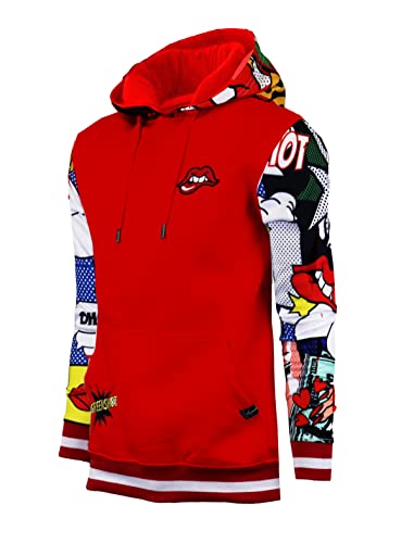 SCREENSHOT-H11062 Mens Urban Hip Hop Premium Fleece Hoodie - Pullover Streetwear Pop Art Patch & Print Fashion Hooded Sweatshirt-Red-2XLarge at Amazon
