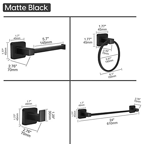 DEGULAS Bathroom Hardware Set 4 Pieces, Matte Black Towel Bar Set, Includes 24In Towel Bar, Towel Ring, Robe Towel Hooks,Toilet Paper Holder, Bathroom Towel Rack Set