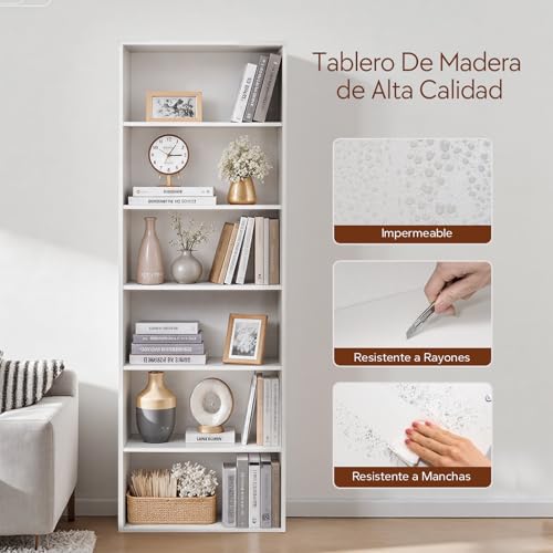 OSLIFE 200cm Librero Organizador Elevado, Mueble Organizador de Madera,6 Repisas Abiertas, Ahorra Espacio,Estantes,Repisas de Madera,Librero Minimalista para Dormitorio,Sala,Oficina,Cocina (Blanco)