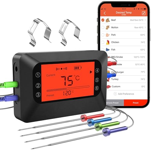 BFOUR Digital Meat Thermometer Wireless with 4 Colored Probes, Bluetooth Thermometer Wireless with Large Backlight Display, 328FT Meat Thermometer for Grill, BBQ, Oven, Smoker Thermometer
