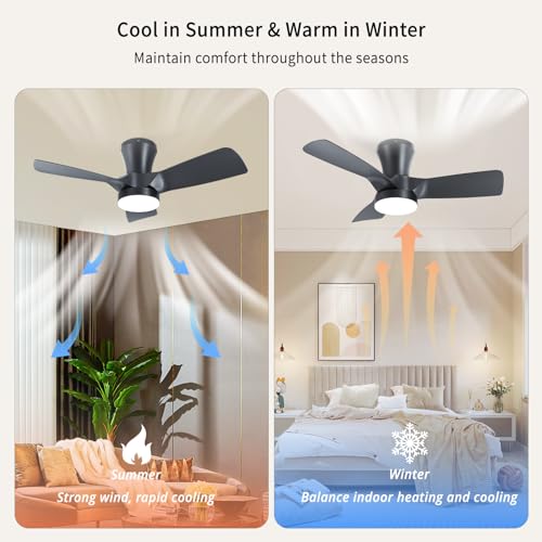 Ceiling Fan with Light and Control 80 cm for Low Ceilings, Silent DC Motor with Memory, 6 Speeds, Adjustable 3000-6000K, Timer, Reversible Summer/Winter, for Bedroom Living Room, Black