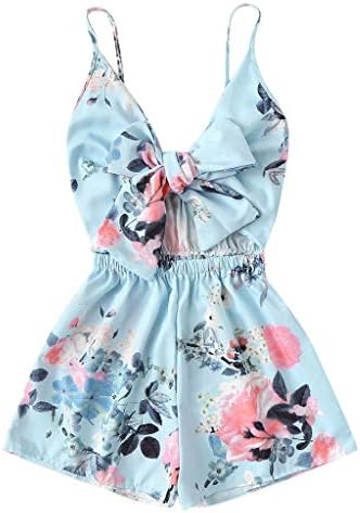 Fheaven Women's Summer Shorts Jumpsuit Floral V-Neck Casual Sleeveless Tie Front Print Cami Romper