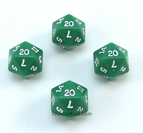 WKP02815E4 Green Opaque Dice with White Numbers D20 16mm (5/8in) Pack of 4 Dice Koplow Games