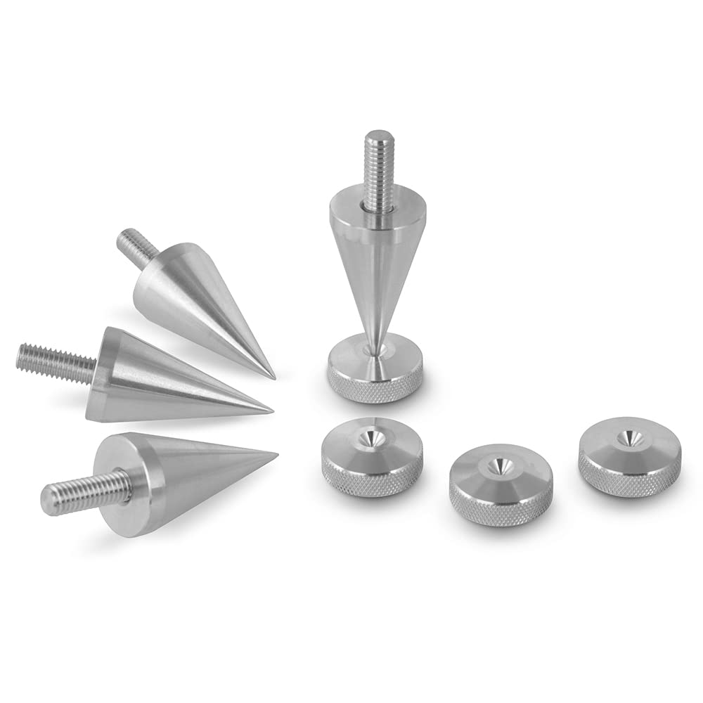 M8 Speakers Spikes and Pads for Speakers, HiFi Stands, Cabinets, Soundbars (Spikes Ø20x37mm | Pads Ø20x7mm Knurled | Alu)