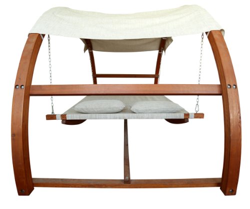 Leisure Season SBWC402 Swing Bed With Canopy - Brown - 1 Piece - 2-Person Covered Hammock With Wooden Stand - Outdoor Daybed, Furniture For Lawn, Patio, Poolside, Deck, Garden, Backyard - Adjustable - Thumbnail 4
