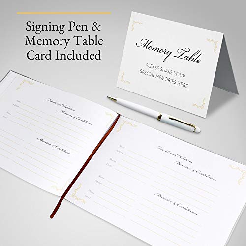 Heart & Homage Funeral and Memorial Guest Sign-in Book with Pen and Memory Table Sign, PU Leather Hardcover, Large - Beautiful, Celebration of Life Registration Books (White)