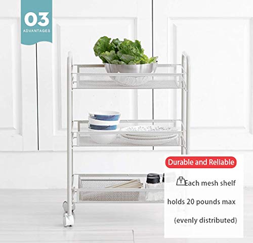 Iris'Home Easy Assemble 3-Tier Bathroom Cart, Small Rolling Cart, Office File Cart, Kitchen Storage Cart on Wheels, Utility cart, Storage Rack, Mesh Designing -White