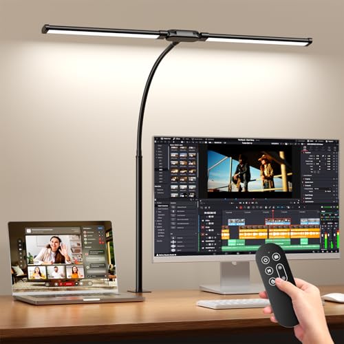 SKYLEO LED Desk Lamp - Dual Head with Remote Control and Touch Control - Eye Care - 12W, 5 Color Modes, Timer and Memory Function, Flexible Gooseneck
