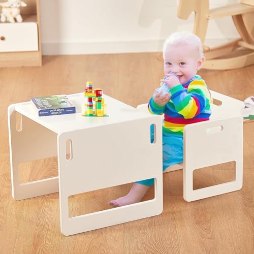 FUNLIO Montessori Table and Chair Set for Children 1-3 Years, Height Adjustable, Ideal for Reading/Eating/Playing, Easy Assembly, CPC Certified – White