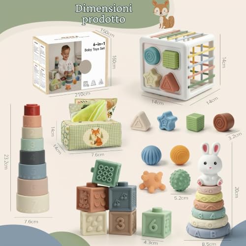 Anook Baby Toys 6-9-12 Months, 6 in 1 Montessori Games 6 Months | Sensory Toys for Babies with Stacking Games, Tissue Box, Shape Cubes to Sort, Newborn Gift 6-12 Months