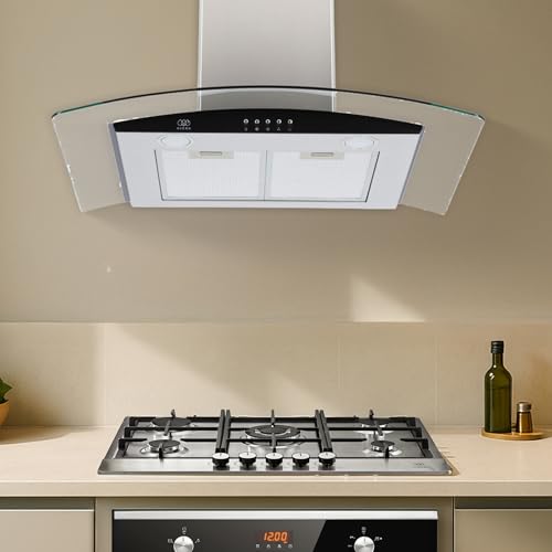 AVERA Campana de cocina 76 cm de pared, 3 velocidades, Luz LED, Filtro de carbón activado, Filtro de malla metálica lavable, Acero inoxidable y vidrio templado, Diseño curvo | CEV60C