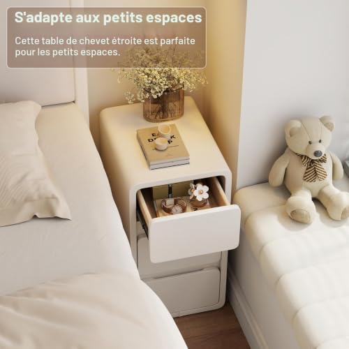 AQIMUELE Narrow Bedside Table, Wooden Bedside Table with 3 Drawers, 30W x 40D x 57H cm, without Installation, Leather Surface, Side Table for Bedroom, Living Room (White)