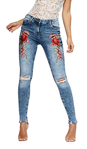 Women's Rose Embroidered High Waist Ripped Hole Denim Skinny Jeans Pants Blue