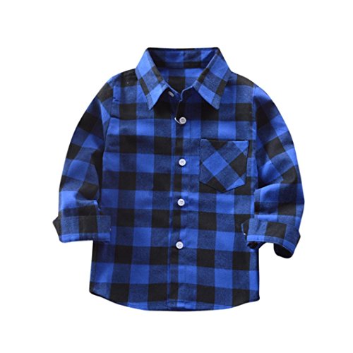 Kehen Kids Little Boys Girls Long Sleeve Button Down Plaid Flannel Shirt Blouse Tops with Pocket (Blue, 3T)