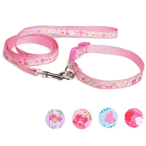 Stock Show Pet Dog Cat Nylon Collar and Leash Set Durable Safety Adjustable Collar with Beautiful Flowers Pattern Printing for Small Medium Dogs Cats, Pink - Thumbnail 4