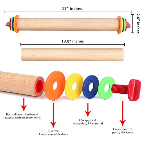 Wood Rolling Pin, Adjustable Rolling Pin with Removable Thickness Rings, Beech Wood Rolling Pin for Baking Pizza, Pastries, Cookies (colour)…