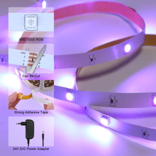 Aourow Ruban LED RGB 20M,LED Chambre de Synchronisation de Musique avec Contrôle D\'application Bluetooth,Bandes LED SMD5050 à Changement de Couleur avec Télécommande IR et Alimentation 24V