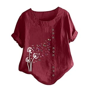 2021 Paardebloem-print ronde hals knop mode losse korte mouwen top blouse T-shirt