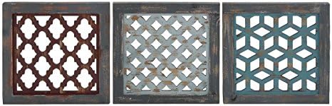 Wall Art Distressed Style Wood Set of 3 Square Moroccan Lattice Brown White Blue