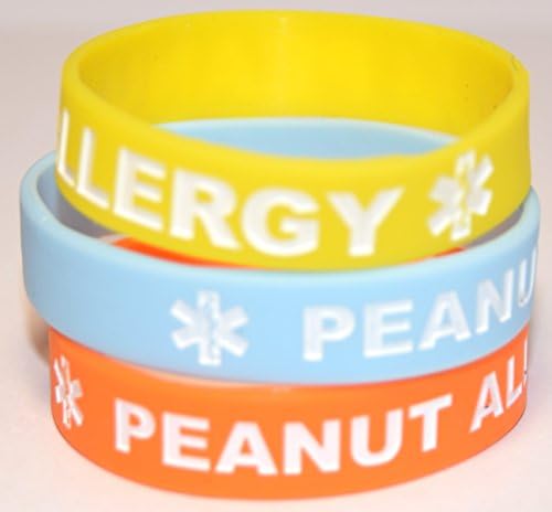 Peanut Allergy Medical Alert 3-Pack Toddler Size Bracelets (6 inch) (yellow, orange, light blue)
