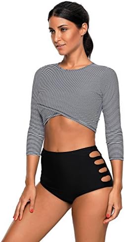 Ruyan Women's Long Sleeve Striped Crop Rash Guard Swimsuit Two Piece Bathing Suit