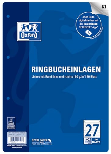 Oxford A4 Ruled Ring Binder Inserts with Double Margin 27 Ruling 50 Sheets