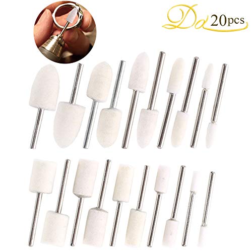Dayree 20pcs Wool Felt Mounted Mandrel Set White Polishing Buffing Bits with 1/8 Inch Shank for Glass, Stone, Ceramic, Nail Art, Jewelry fit Dremel Rotary Tool