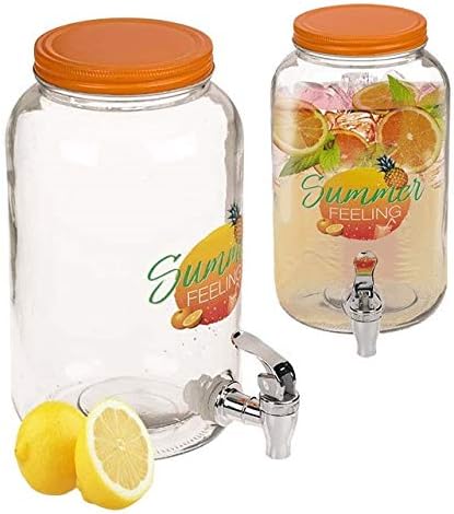 AQS INTERNATIONAL Vintage Barrel Glass Dispenser & Mason Glass Jar Cold Drink Juice Water Garden Party Home (3Ltr Glass Dispenser Jar)