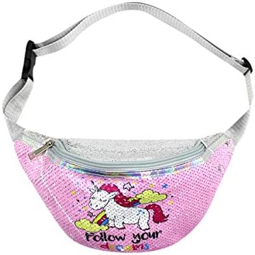 Reversible Sequins Fanny Pack Waist Bag Colorful Unicorn Crossbody Bag Handbag for Kids Women Girls (Pink)