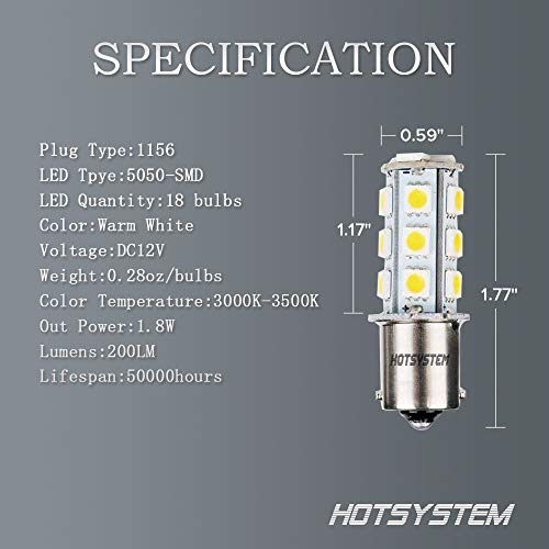 HOTSYSTEM 1156 1141 LED Light Bulbs DC12V P21W BA15S 18-5050SMD for Car RV SUV Camper Trailer Trunk Interior Reversing Backup Tail Turn Signal Corner Parking Side Marker Lights(Warm White,Pack of 6)