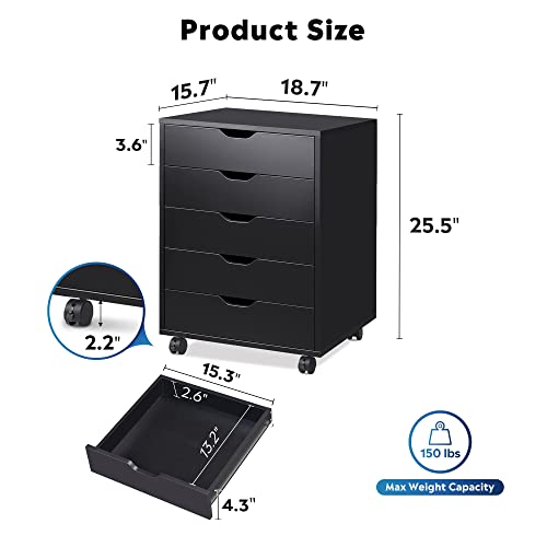 DEVAISE 5Drawer Chest, Wood Storage Dresser with Wheels, Black