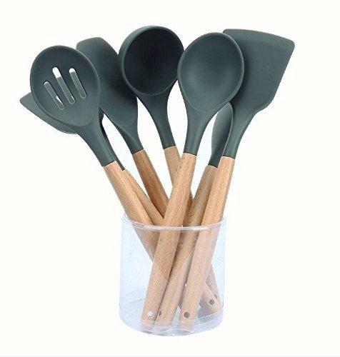 Cooking Utensils Silicone - Kitchen Silicone Utensil Set of 9 Wooden Silicone Kitchen Utensil - Silicone Spatula Set Tools for Cooking - Easy Wash,Grey - Thumbnail 5