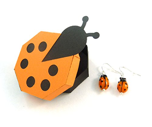Ladybug Dangle or Drop Earrings. Orange and Black Glass Ladybug Earrings with Hand Made Lady Bug Gift box.