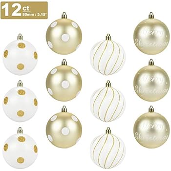 KI Store Christmas Balls 12ct Shatterproof 3.15-Inch Tree Ball Ornament Champagne Gold and White Polka Dots for Xmas Trees Parties and Holiday Decoration