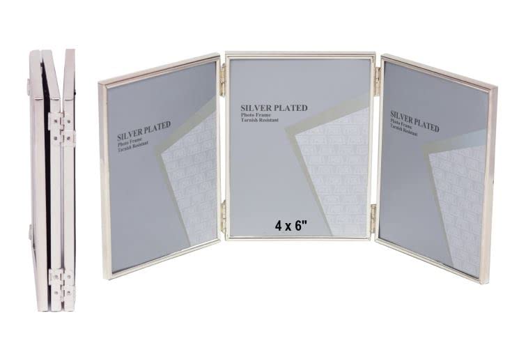 4 x 6-inch Silver Thin Edge TRIPLE PORTRAIT Photo Frames with hooks, can stand and hang - Velveteen Backing - Tarnish Resistant (4 x 6-inch)