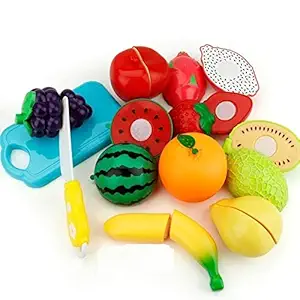 SaleOn Set of 8 Kitchen Food Fruit Vegetable Cutting Toys Educational Toy Safety Children Kitchen Toys Sets Fruit Cutter ( 8pc Fruits + 2pc Plate and Knife )