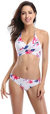 Koerse Women push up Padded bikini bathing suits 2 piece Halter Criss cross floral swimsuit (L, Cherry)