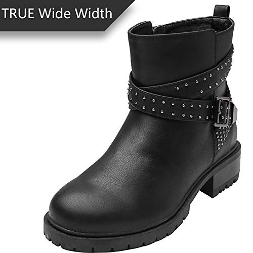 Luoika Women's Wide Width Mid Calf Boots - Rivet Stud Buckle Strap Mid Low Heel Side Zipper Winter Combat Boots.