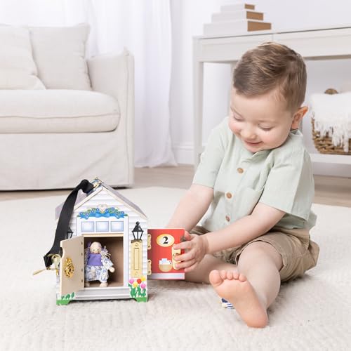 Melissa & Doug Take-Along Wooden Doorbell Dollhouse - Doorbell Sounds, Keys, 4 Poseable Wooden Dolls Portable Doll House, Doorbell House for Kids Ages 3+