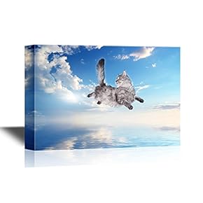Funny Flying Animals Canvas Wall Art - A Cat Flying Above The Water - Gallery Wrap Nursery Wall Decoration/Kids