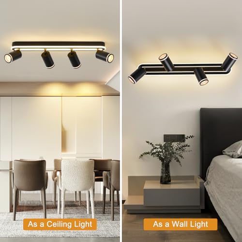 MYCUL Tech 4 Flames 350° Swivel, Ceiling Spotlight with Lower Glow 36W+4x5W Spotlights GU10,3000K Warm White Indoor LED Spotlights, Modern Ceiling Lamp, Spotlight for Kitchen, Living Room Black
