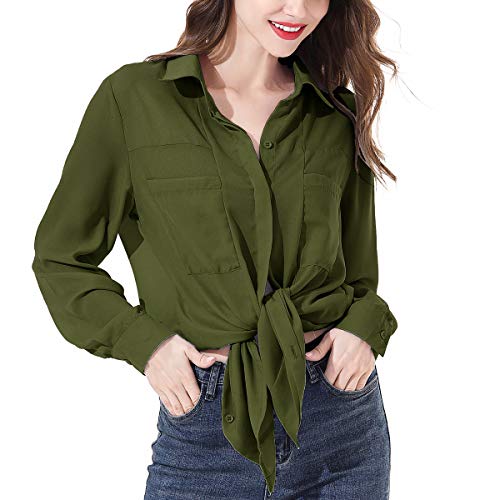 OMSJ Women Button Down Shirts Long Sleeve Chiffon Office Casual Blouses (S, 839ArmyGreen)