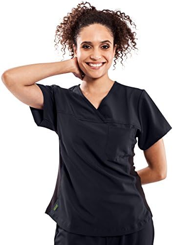 ave Women’s Medical Scrub Top, Michigan ave, V-Neck Scrub Shirt, Stretch Side Panels, Great for Nurses, Black, 2X-Large